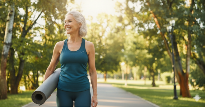 older woman walking outside with yoga mat