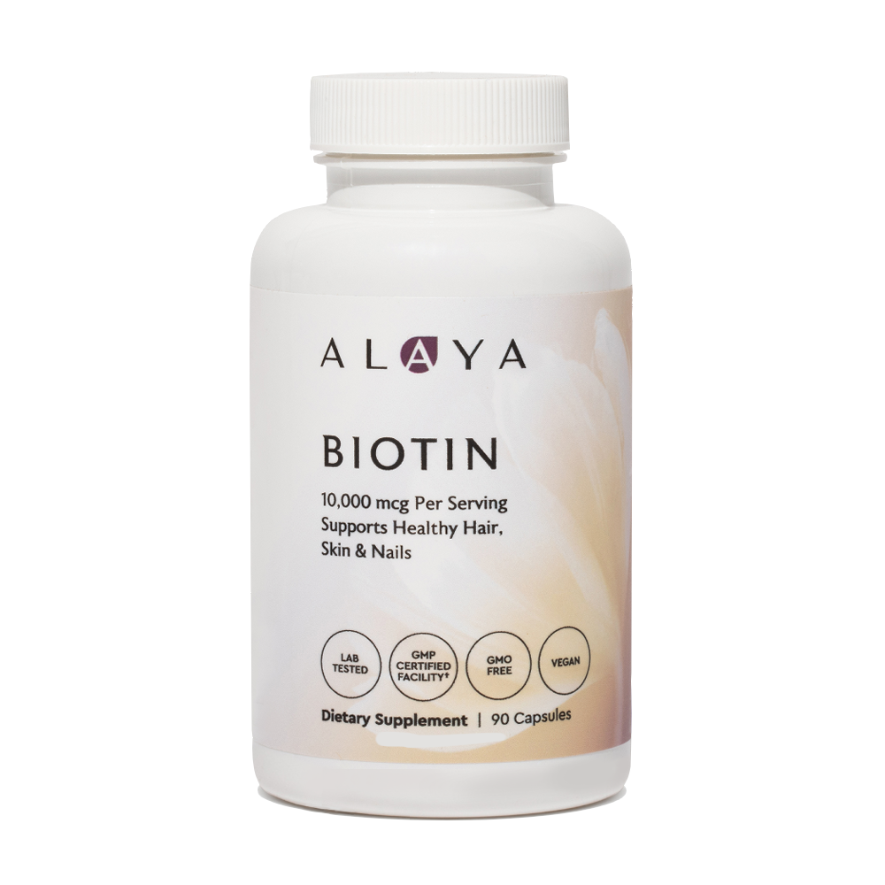 Alaya Biotin supplement bottle on a white background #hide