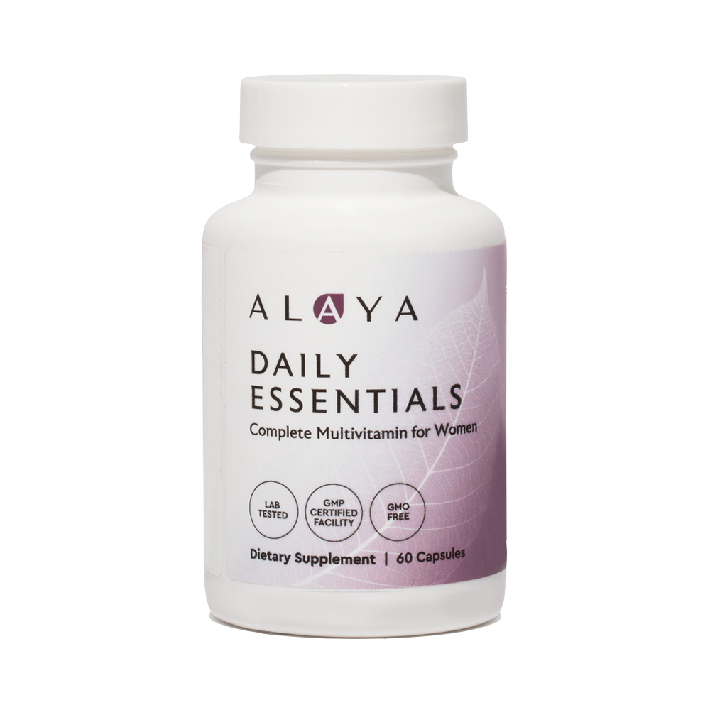 Alaya Daily Essentials supplement bottle on a white background #hide