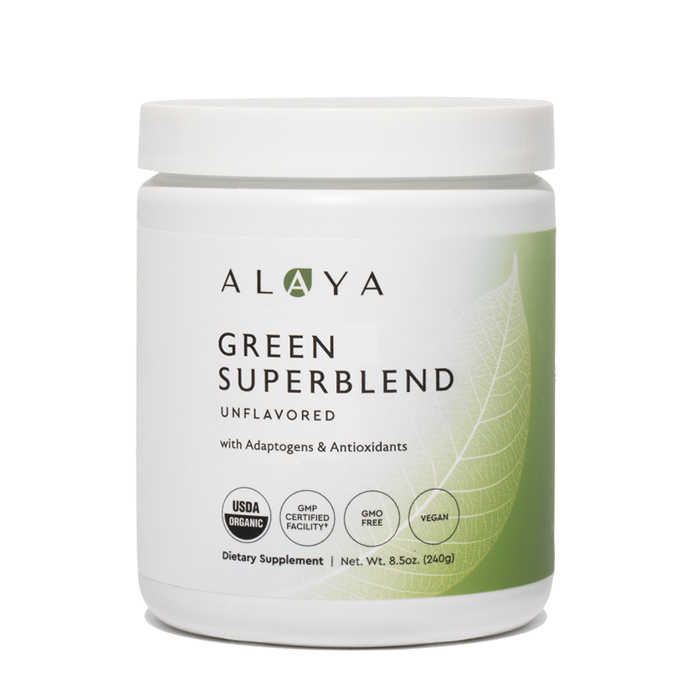 Alaya Green Superblend Plain supplement bottle on a white background #flavor_plain