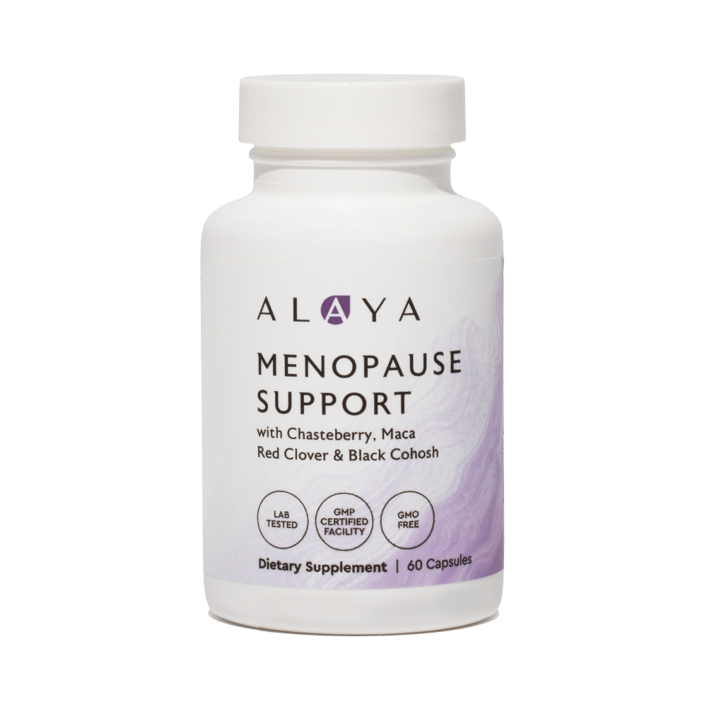 Alaya Menopause Support supplement bottle on a white background #hide