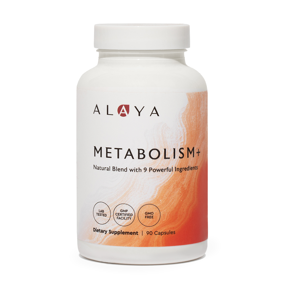 Alaya Metabolism+ supplement bottle on a white background #hide