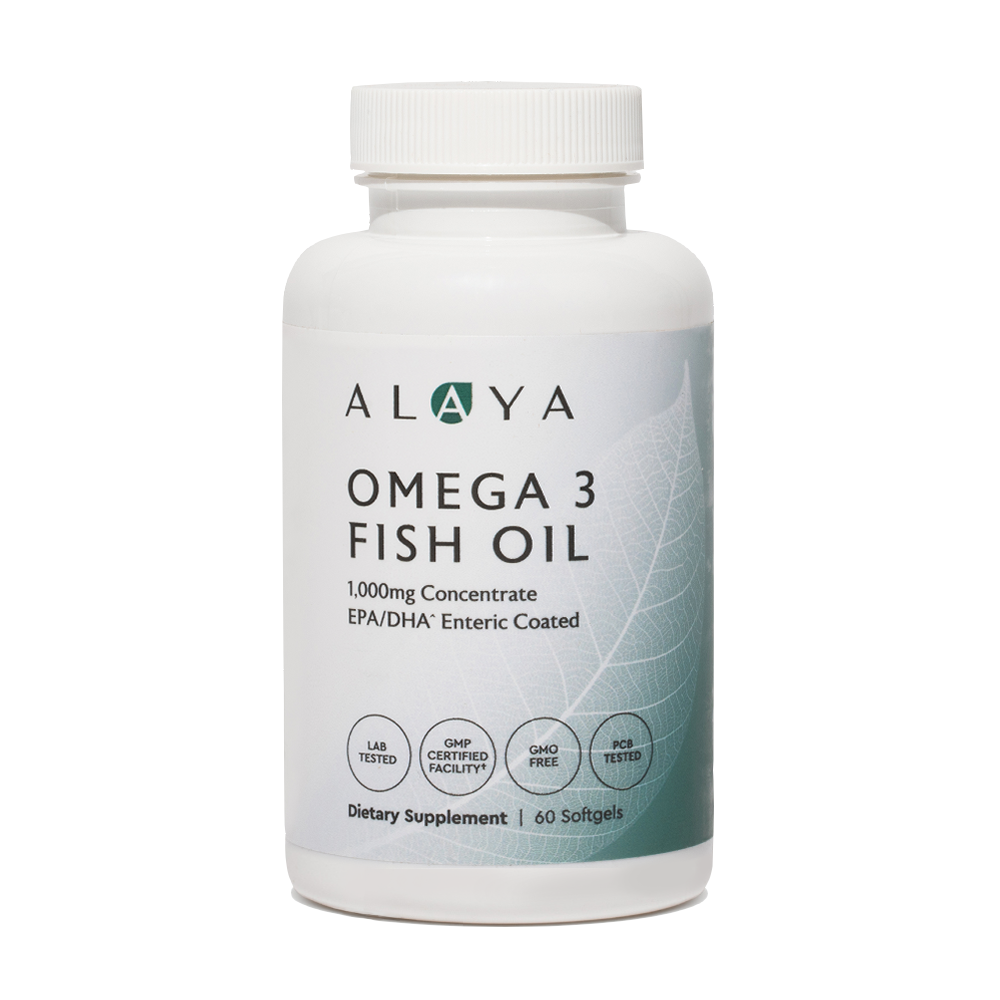 Alaya Omega 3 Fish Oil supplement bottle on a white background #hide