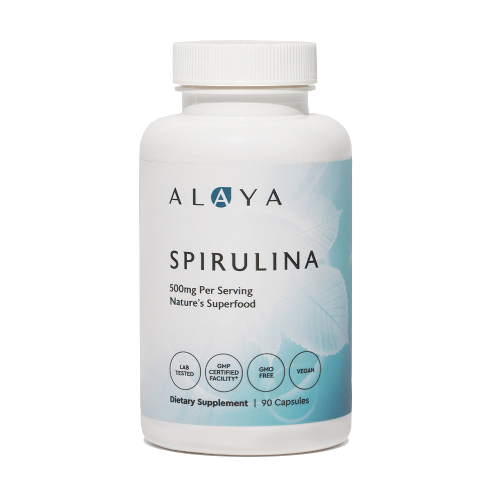 Alaya Spirulina supplement bottle on a white background #hide