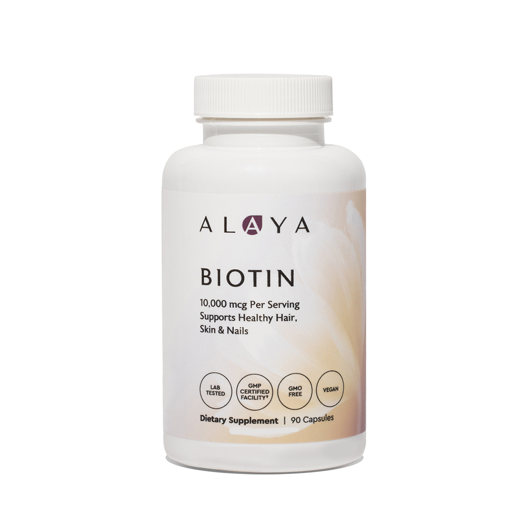 Alaya Biotin supplement bottle on a clear background #hide