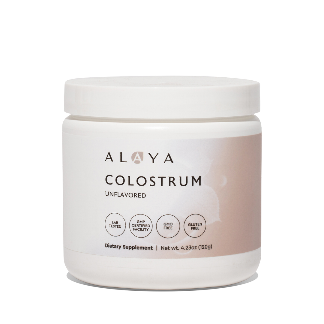 Alaya Colostrum supplement bottle on a clear background #hide