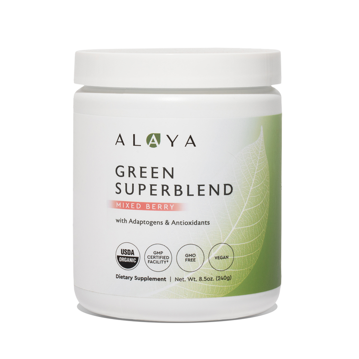 Alaya Green Superblend Mixed Berry supplement bottle on a white background #hide #flavor_mixed-berry
