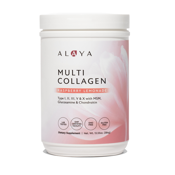 Alaya Multi Collagen Raspberry Lemonade Powder supplement bottle on a clear background #flavor_raspberry-lemonade